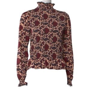 Sandro Red Pink and Black Floral Paisley High Neck Blouse